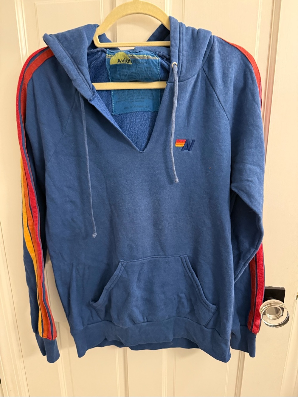 Aviator Nation Blue Hooded Pullover with Rainbow Sleeve Stripes